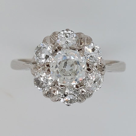 Vintage Old Cushion Cut Diamond Cluster Ring, 1.70 carat total
