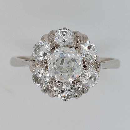 Vintage Old Cushion Cut Diamond Cluster Ring, 1.70 carat total