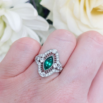 Marquise Cut Colombian Emerald and Diamond Navette Cluster Ring