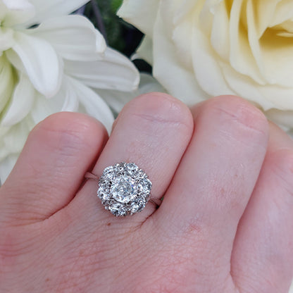 Vintage Old Cushion Cut Diamond Cluster Ring, 1.70 carat total
