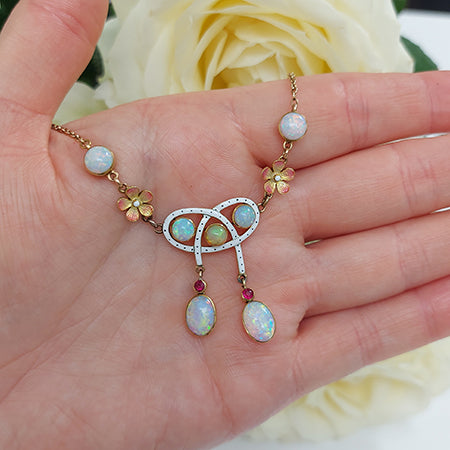 Antique Art Nouveau Opal, Ruby, Enamel and Gold Flower Necklace