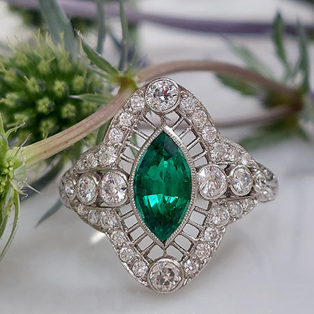 Colombian Emerald and Diamond Navette Cluster Ring
