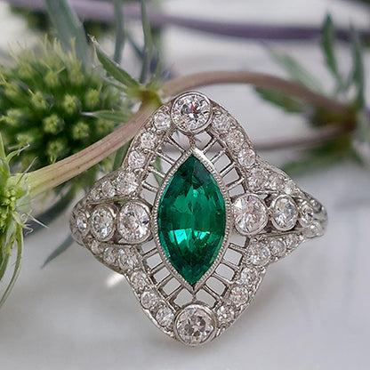 Colombian Emerald and Diamond Navette Cluster Ring
