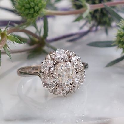 Vintage Old Cushion Cut Diamond Cluster Ring, 1.70 carat total