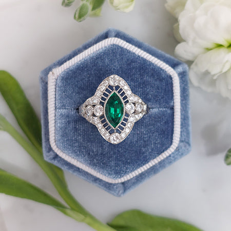 0.83ct Marquise Cut Colombian Emerald and Diamond Navette Cluster Ring