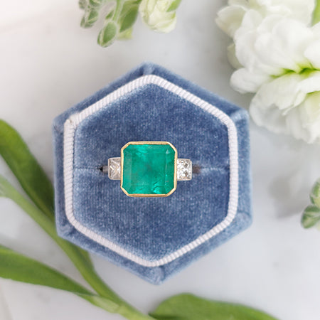 Octagonal Cut Emerald and Diamond Three Stone Ring