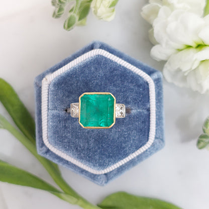 Octagonal Cut Emerald and Diamond Three Stone Ring