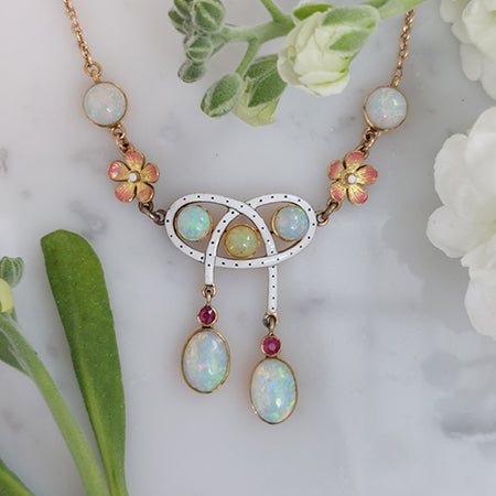 Antique Art Nouveau Opal, Ruby, Enamel and Gold Flower Necklace