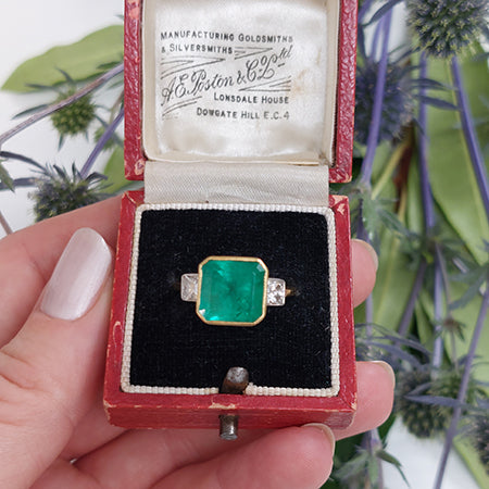 Octagonal Cut Emerald and Diamond Three Stone Ring