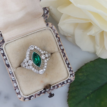 Colombian Emerald and Diamond Navette Cluster Ring