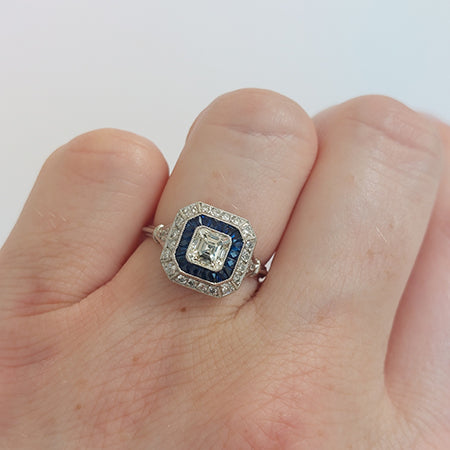 0.55ct Asscher Cut Diamond and Sapphire Target Cluster Engagement Ring in Platinum