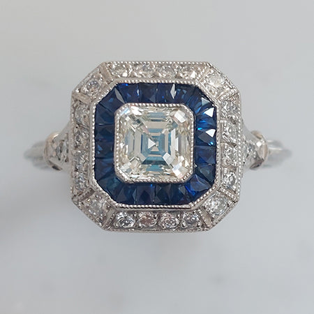 0.55ct Asscher Cut Diamond and Sapphire Target Cluster Engagement Ring in Platinum