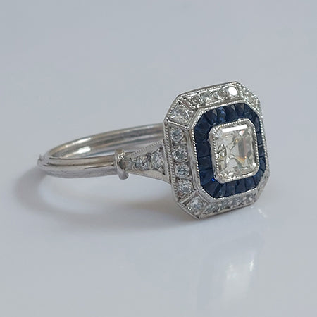 0.55ct Asscher Cut Diamond and Sapphire Target Cluster Engagement Ring in Platinum