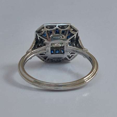 0.55ct Asscher Cut Diamond and Sapphire Target Cluster Engagement Ring in Platinum