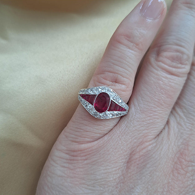 1ct Burma Ruby and Diamond Cluster Dress Engagement Ring