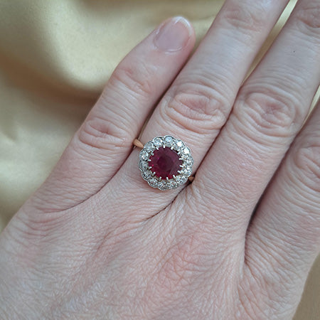 Antique Natural No Heat Burma Ruby and Diamond Cluster Ring