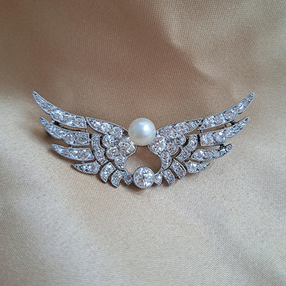Antique Certified Natural Pearl and Diamond Wing Brooch