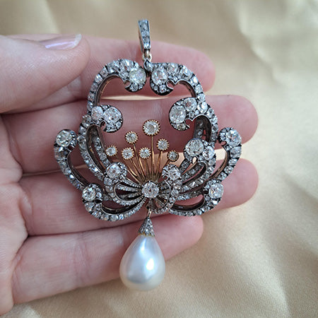 Antique Certified Natural Pearl and Diamond Pendant