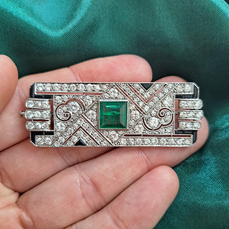 Art Deco Colombian Emerald Onyx and Diamond Brooch