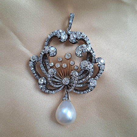 Antique Certified Natural Pearl and Diamond Pendant