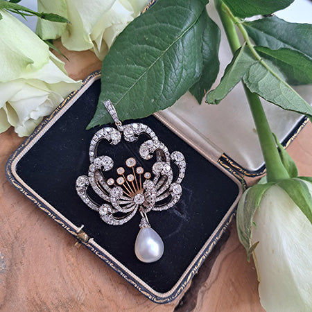 Antique Certified Natural Pearl and Diamond Pendant