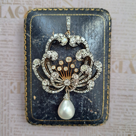 Antique Certified Natural Pearl and Diamond Pendant