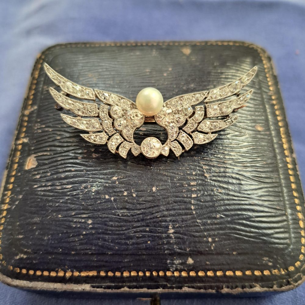 Antique Certified Natural Pearl and Diamond Wing Brooch