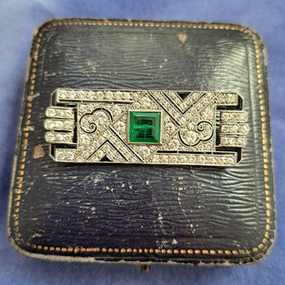Art Deco Colombian Emerald Onyx and Diamond Brooch