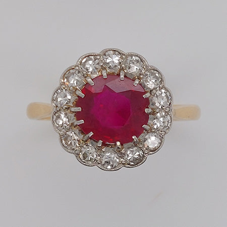 Antique Natural No Heat Burma Ruby and Diamond Cluster Ring