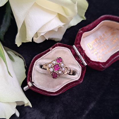 Antique Victorian Ruby and Pearl Navette Cluster Ring in 12ct Gold