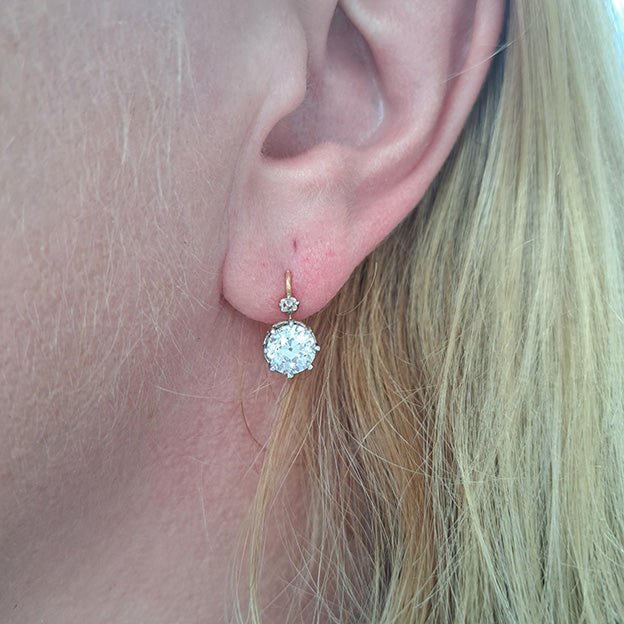 Antique French 3.20ct Old Cut Diamond Solitaire Drop Earrings
