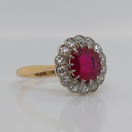 Antique Natural No Heat Burma Ruby and Diamond Cluster Ring