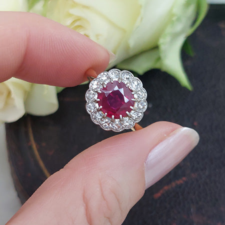 Antique Natural No Heat Burma Ruby and Diamond Cluster Ring
