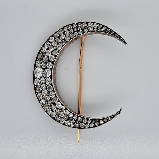 Victorian Antique 6ct Old Mine Cut Diamond Crescent Brooch