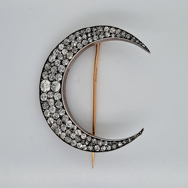 Victorian Antique 6ct Old Mine Cut Diamond Crescent Brooch
