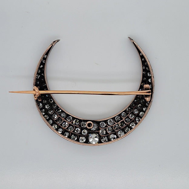 Antique Victorian 6ct Old Mine Cut Diamond Crescent Brooch