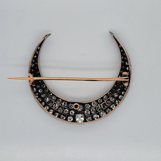 Antique Victorian 6ct Old Mine Cut Diamond Crescent Brooch