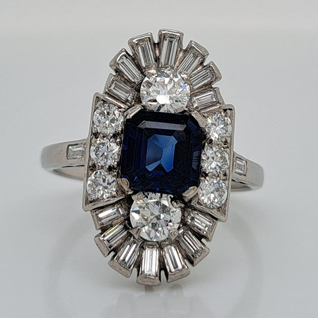 Art Deco 2.19ct Sapphire and Diamond Three Stone Cluster Plaque Ring in Platinum