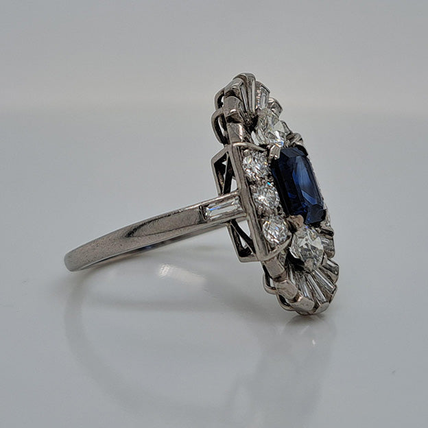 Art Deco 2.19ct Sapphire and Diamond Three Stone Cluster Plaque Ring in Platinum