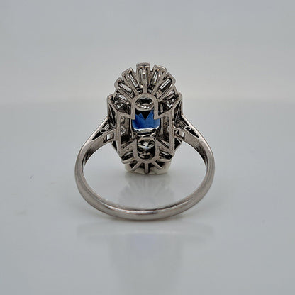 Art Deco 2.19ct Sapphire and Diamond Three Stone Cluster Plaque Ring in Platinum