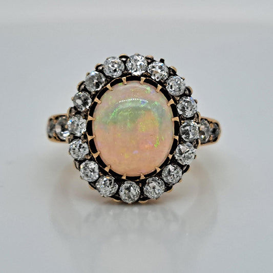 Antique Opal and Old Cut Diamond Cluster Engagement Ring
