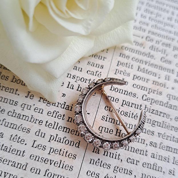 Antique Old Cut Diamond Crescent Moon Brooch, 0.80 carats
