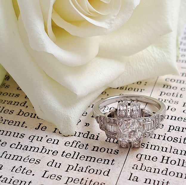Art Deco Old Mine Cut Diamond Cluster Engagement Ring