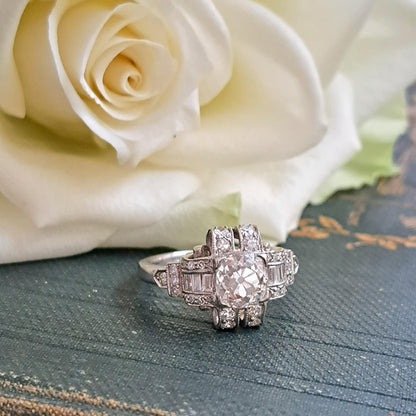 Art Deco Old Mine Cut Diamond Cluster Engagement Ring