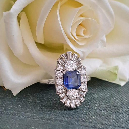 Art Deco 2.19ct Sapphire and Diamond Three Stone Cluster Plaque Ring in Platinum