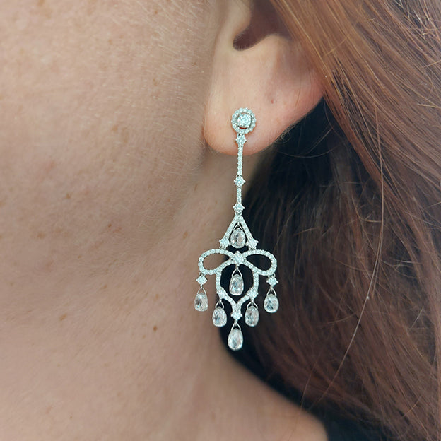 Briolette Cut Diamond Chandelier Drop Earrings, 7.23 carat total
