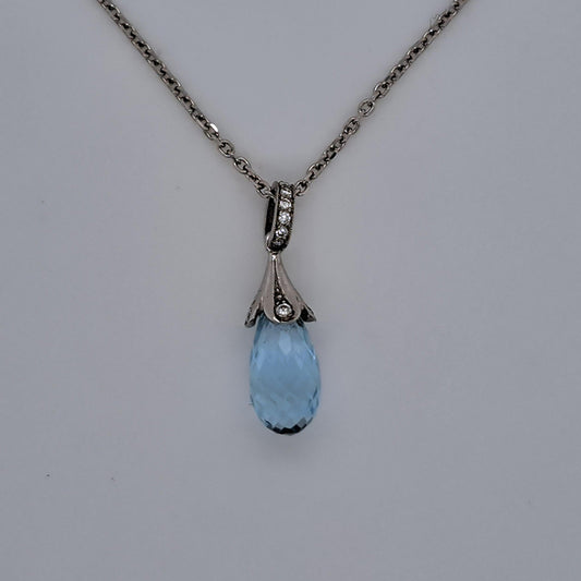 Briolette Cut Aquamarine and Diamond Pendant