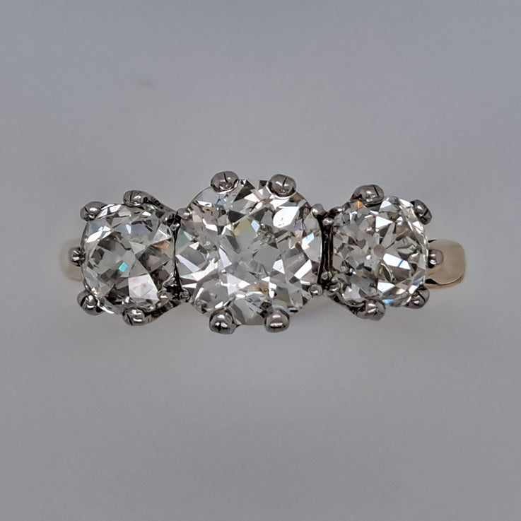 3.17ct Old Mine Cut Diamond Three Stone Engagement Ring in 18ct Yellow Gold