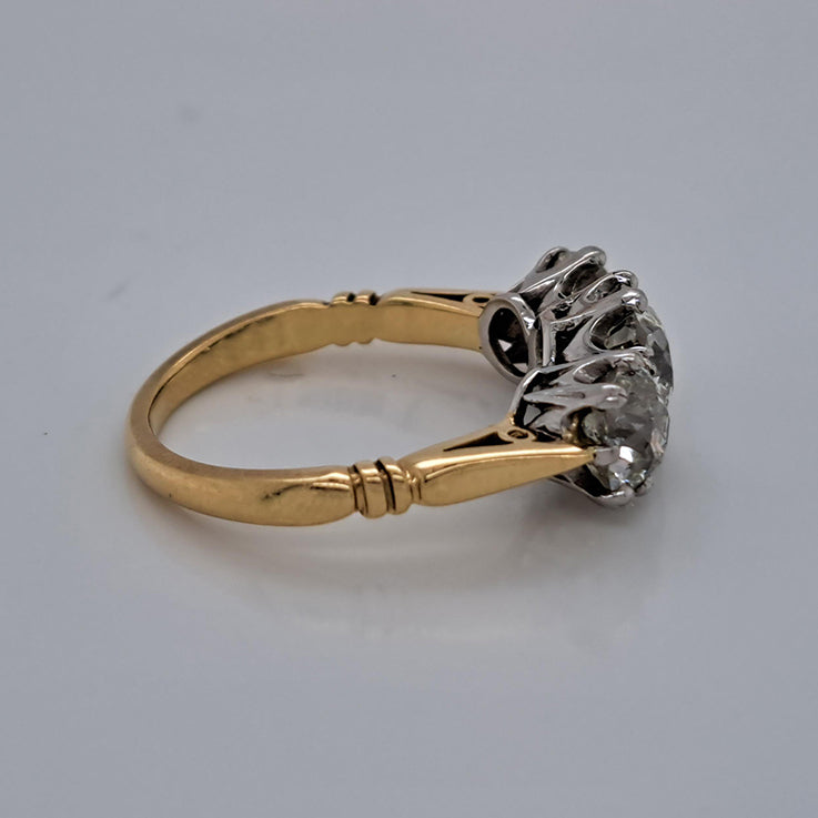 3.17ct Old Mine Cut Diamond Three Stone Engagement Ring in 18ct Yellow Gold