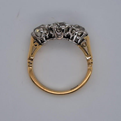 3.17ct Old Mine Cut Diamond Three Stone Engagement Ring in 18ct Yellow Gold